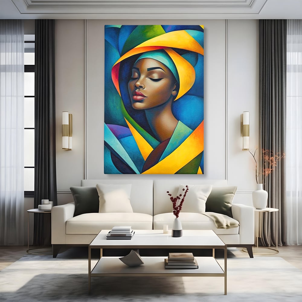 Tablou canvas cu tablou canvas cu portret feminin geometric, fara rama, pe sasiu de lemn, pe perete intr-un living